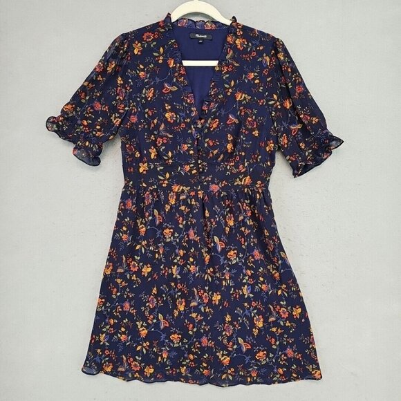 Madewell Dresses & Skirts - Madewell Mini Sundress Womens 4 Navy Floral Chiffon Ruffle V-Neck Lined Elegant